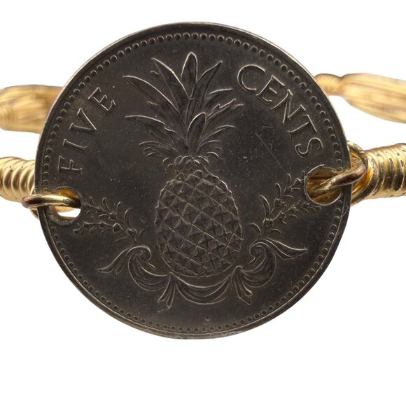 Coin-Inspired Womens Gold Tone Wire Bangle Bracelet - Picture 2 of 5